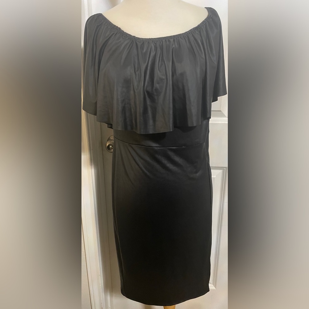 faux leather Black Ruffled,Off the Shoulder Cocktail Dress